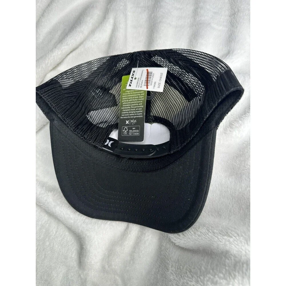 Hurley Hat Cap Snap Back Trucker Mens One Size Black White Flame Logo Mesh - Picture 2 of 2